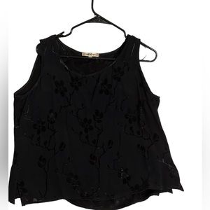 Spencer Alexis Black Tank Top Blouse Satin Embossed Floral Shell Sleeveless
